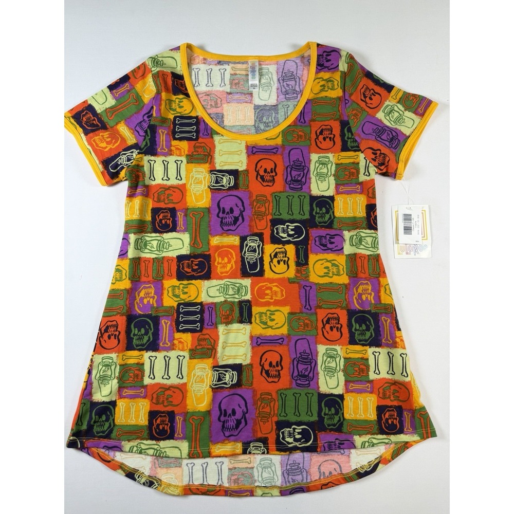 Lula Roe Women's Halloween Tunic Top XS Orange Skulls Bones & Lanterns Scary